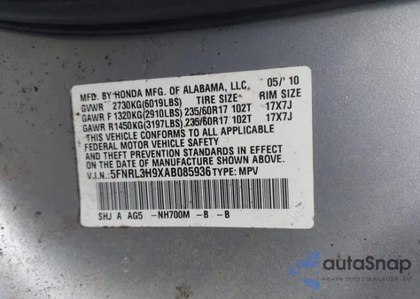 2010 Honda Odyssey Touring z USA, uszkodzony, nr VIN 5FNRL3H9XAB085936